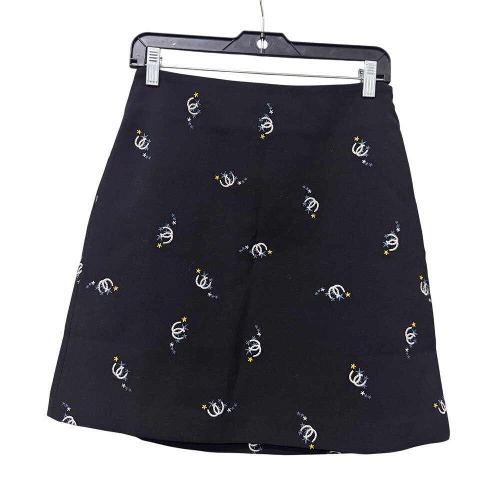 Maje Black Mini Skirt Celestial Moon Star Embroidered Size 38